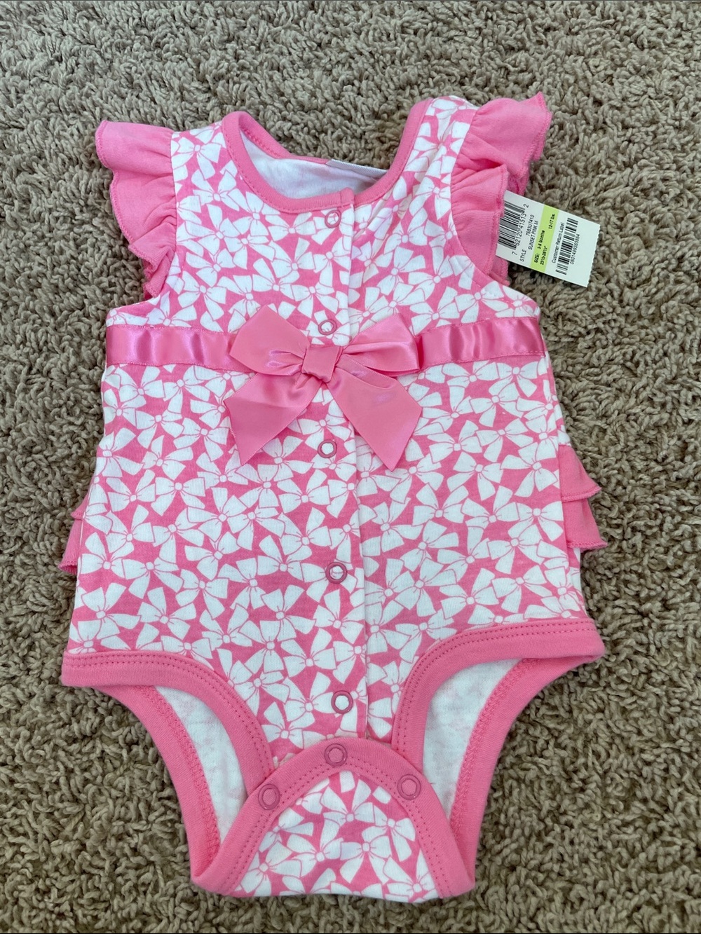 First Impressions Pink and White Floral Bow Baby One-Piece Bodysuit